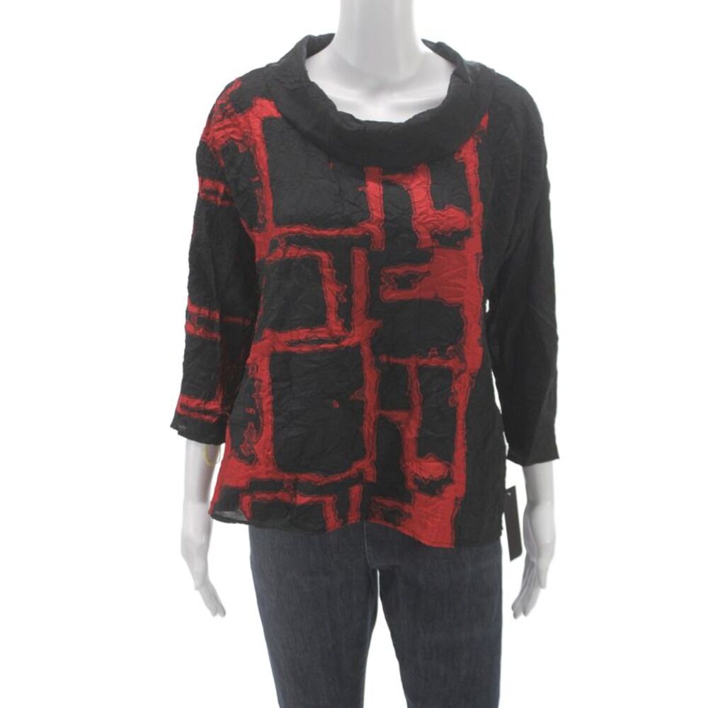 Sydney Women Black Geometric Cowl Neck Tunic Blouse 3/4 Sleeve Viscose Size XS